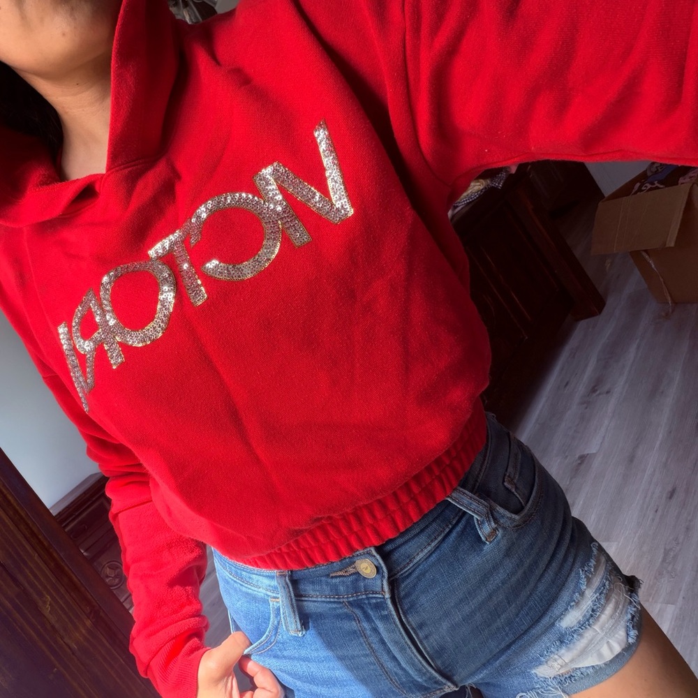 Red Hoodie Victoria Secret with Silver Lettering